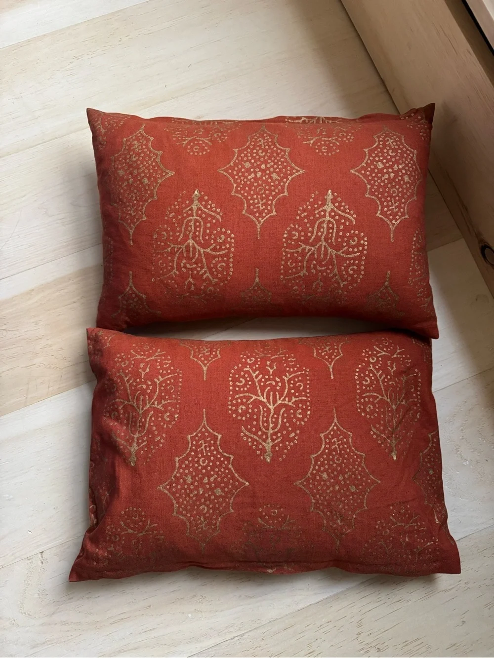 Pair of John Robshaw 12x18 Lumbar Pillow Covers Gold Block Print Linen Cotton